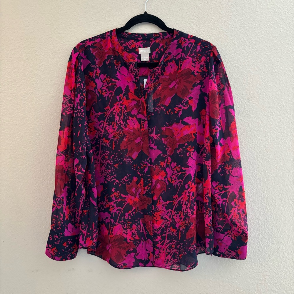 Chico’s NWT Long Sleeve Sheer Floral Button Down Blouse Size 2 (12)